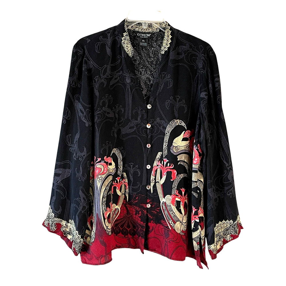 CITRON SANTA MONICA Size XL Black Art-To-Wear Button-Up Long Sleeve Tunic Top